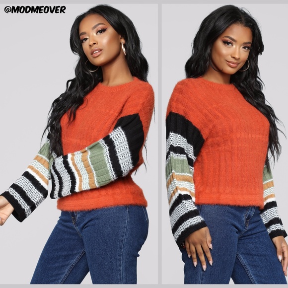 Mod Me Over Sweaters - NEW Orange Soft Fuzzy Sweater W/ Striped Sleeves
